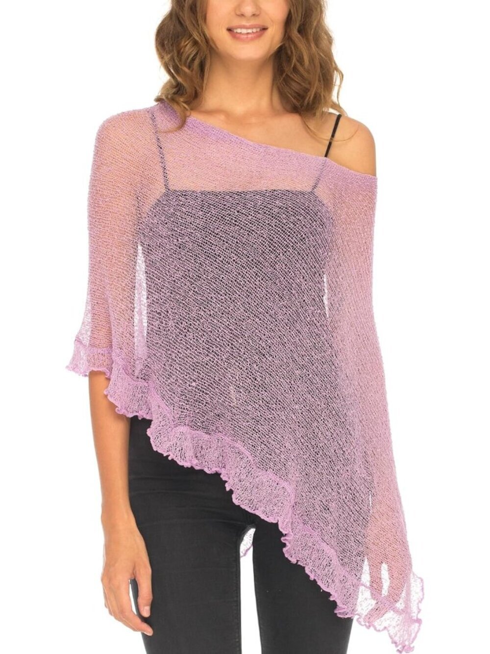 Women’s Lavender Sheer Knit Poncho Shrug Lightweight Asymmetrical Ruffle Wraps